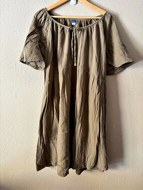 Old Navy Maternity Women's L Olive Green Cotton Dress Tie Neck Short Sleeve